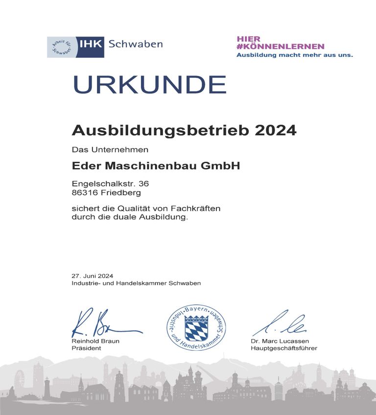 Urkunde zum Ausbildungsbetrieb - Eder Maschinenbau GmbH als IHK-zertifizierter Ausbildungsbetrieb