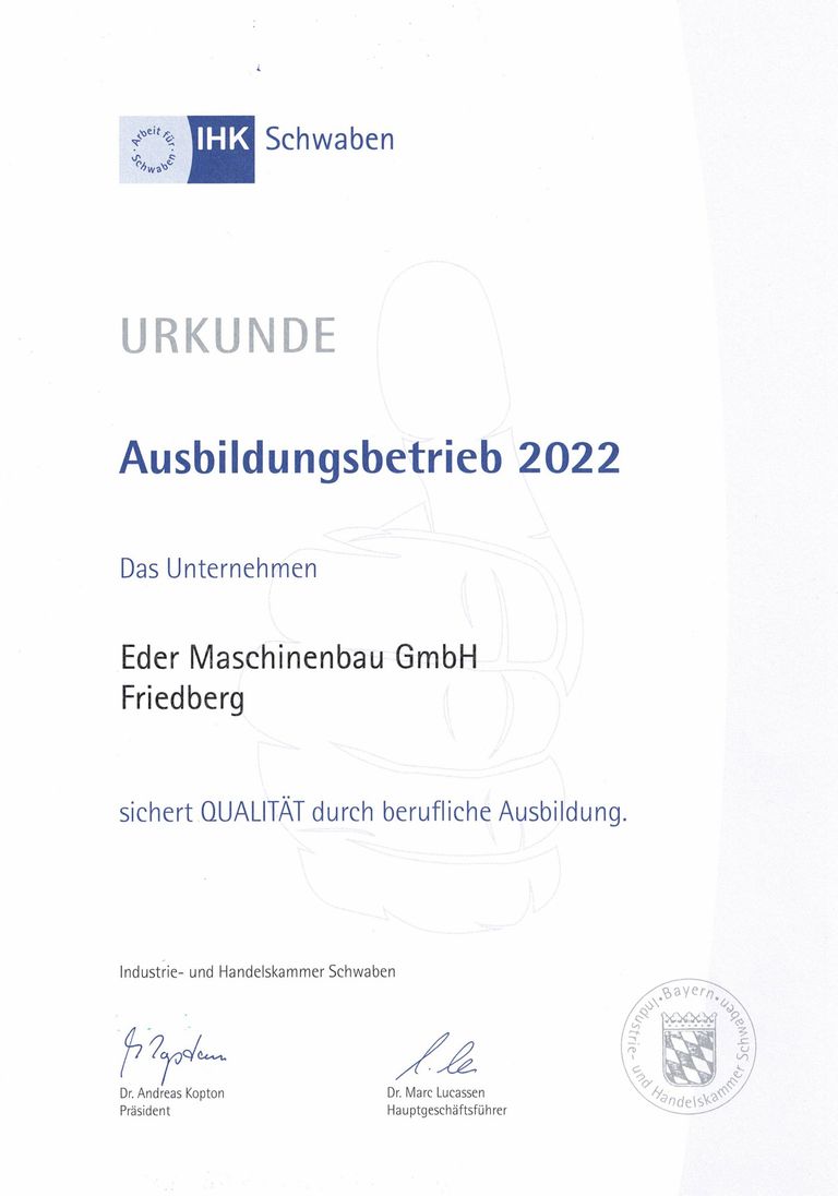 Urkunde zum Ausbildungsbetrieb - Eder Maschinenbau GmbH als IHK-zertifizierter Ausbildungsbetrieb