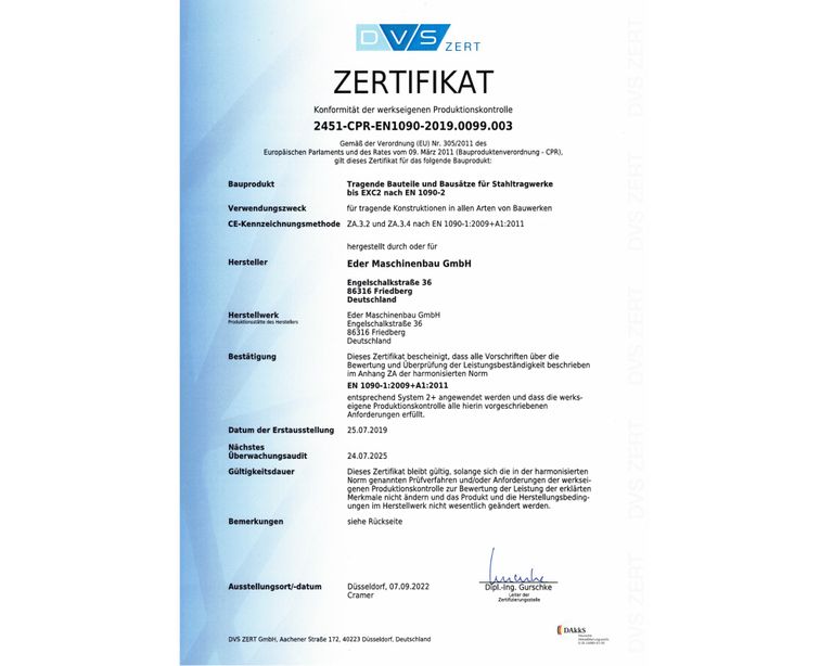 1090-2.00892.GSIMue.2019.001 in Übereinstimmung mit EN 1090-1, Tabelle B.1 zum Schweißen von Stahltragwerken nach DIN EN 1090-2. Schweißprozess(e) 135 (teilmechanisch). Auf Grundlage der Bestimmungen der oben genannten technischen Spezifikation wurden alle Anforderungen an das Schweißen erfüllt. GSI _ Gesellschaft für Schweißtechnisch International mbH