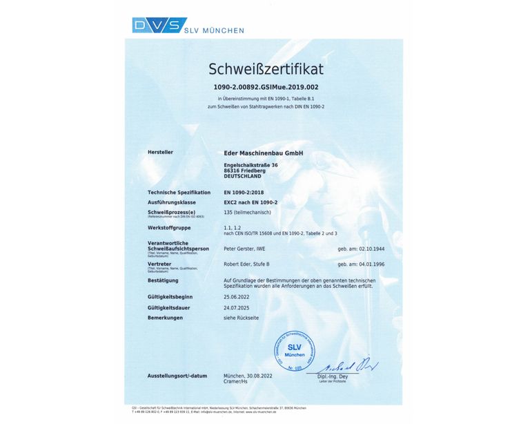 1090-2.00892.GSIMue.2019.001 in Übereinstimmung mit EN 1090-1, Tabelle B.1 zum Schweißen von Stahltragwerken nach DIN EN 1090-2. Schweißprozess(e) 135 (teilmechanisch). Auf Grundlage der Bestimmungen der oben genannten technischen Spezifikation wurden alle Anforderungen an das Schweißen erfüllt. GSI _ Gesellschaft für Schweißtechnisch International mbH