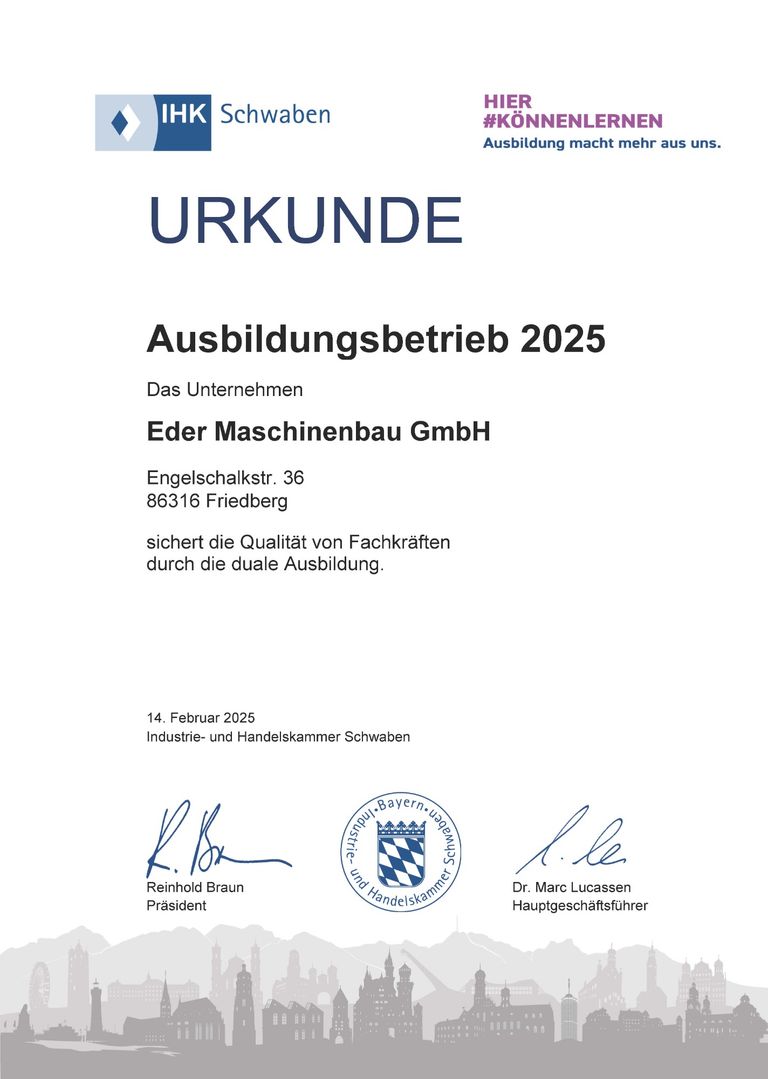 Urkunde zum Ausbildungsbetrieb - Eder Maschinenbau GmbH als IHK-zertifizierter Ausbildungsbetrieb